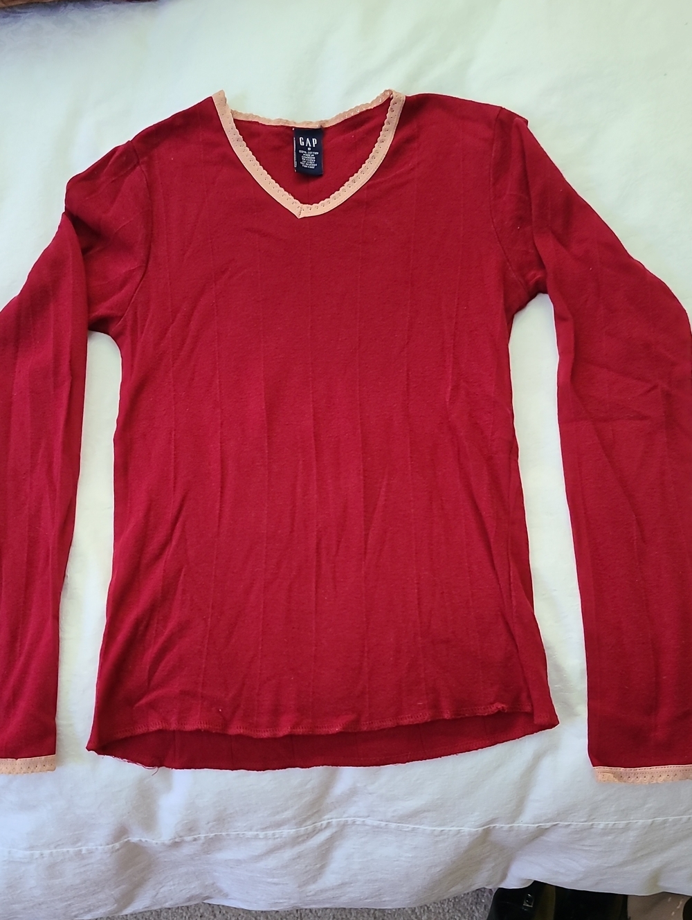 GAP Cranberry Red Long Sleeve V-Neck Top with Peach /Tan Trim